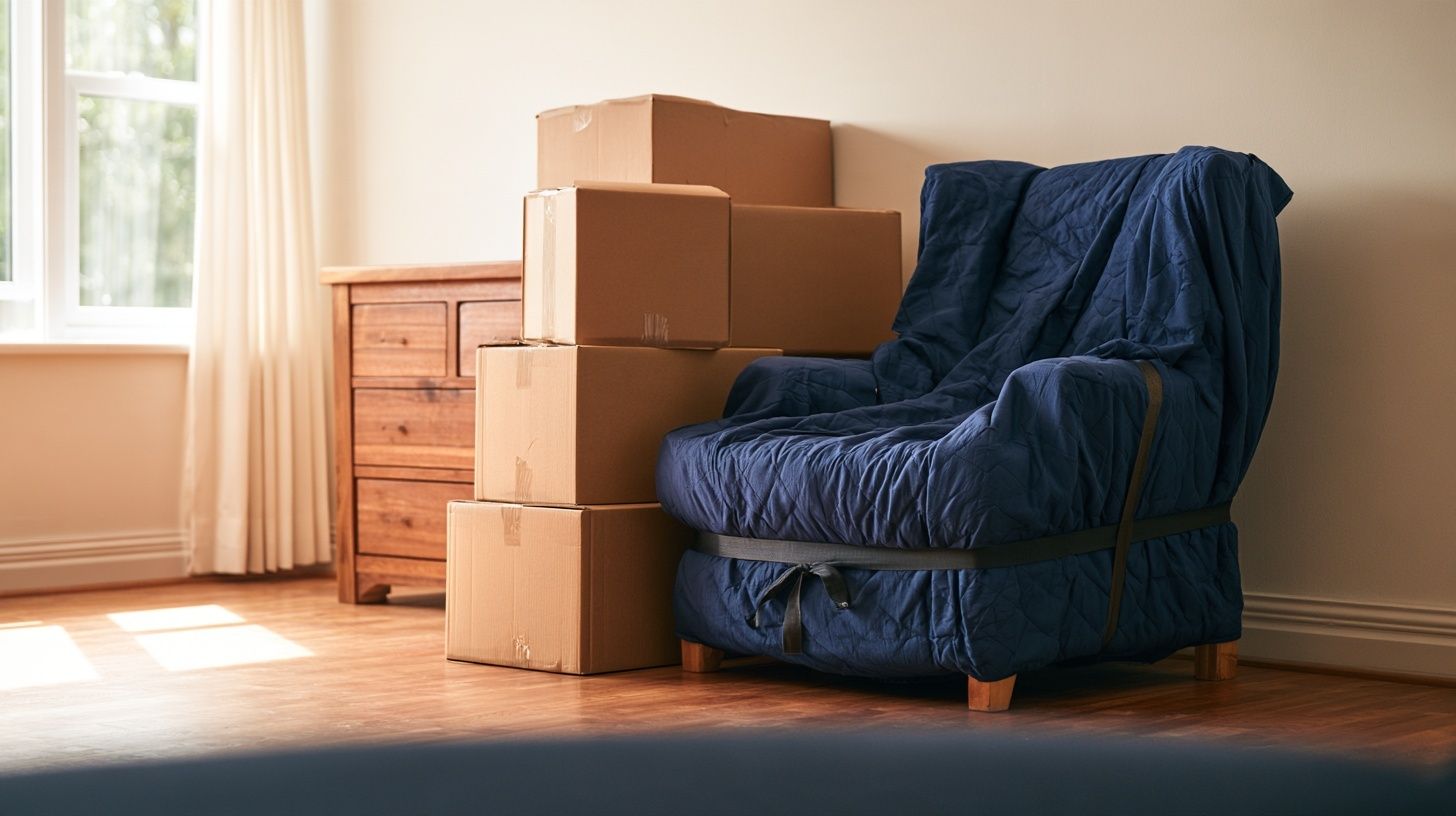 Furniture wrapped in moving blankets beside packed boxes.