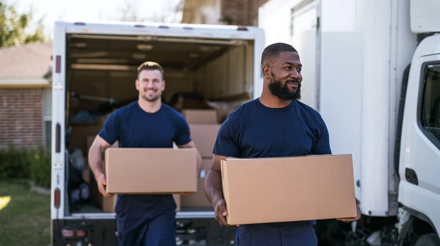 Two movers carrying boxes from a moving truck, Duke Summers Moving
